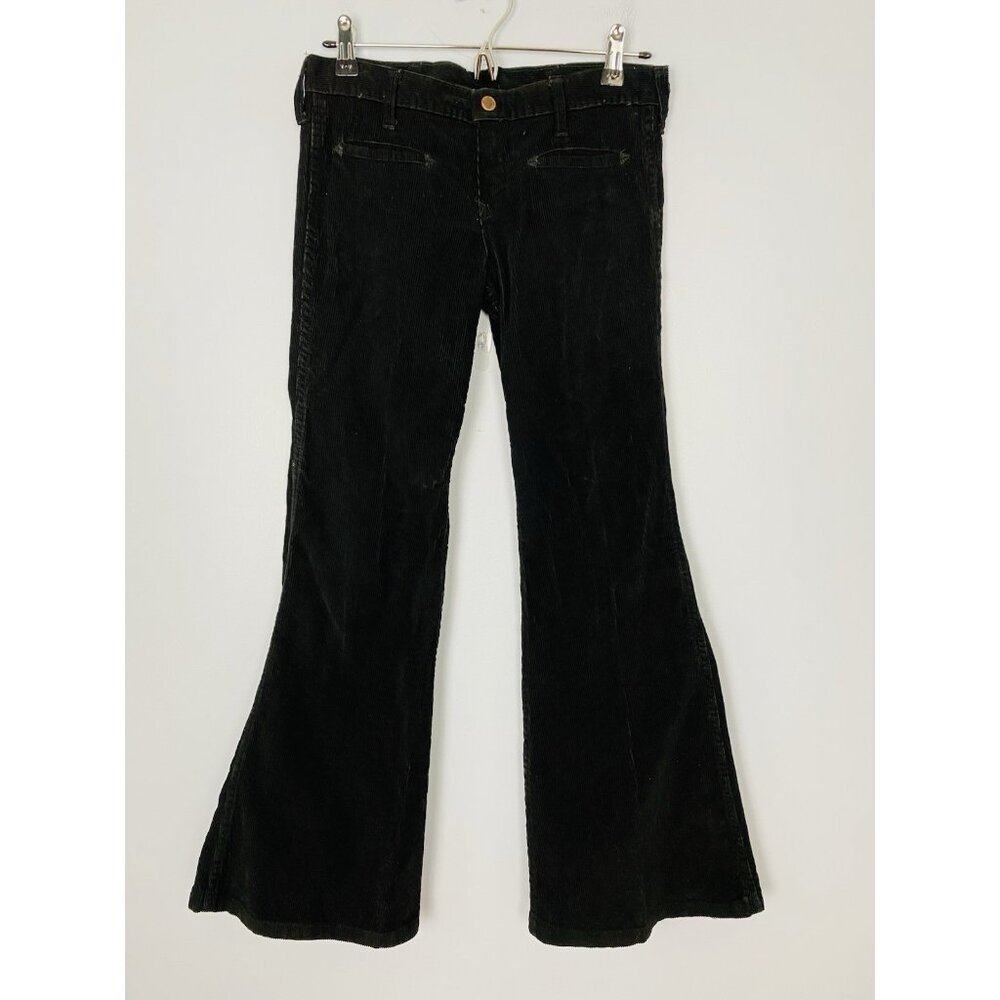 Vintage 70s Hillbilly Womens 28x28 Black Corduroy Hippie Bell Bottom Low Rise